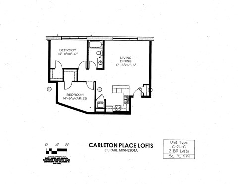 Floor plan for 2 beds, 1 bath, 979 sqft